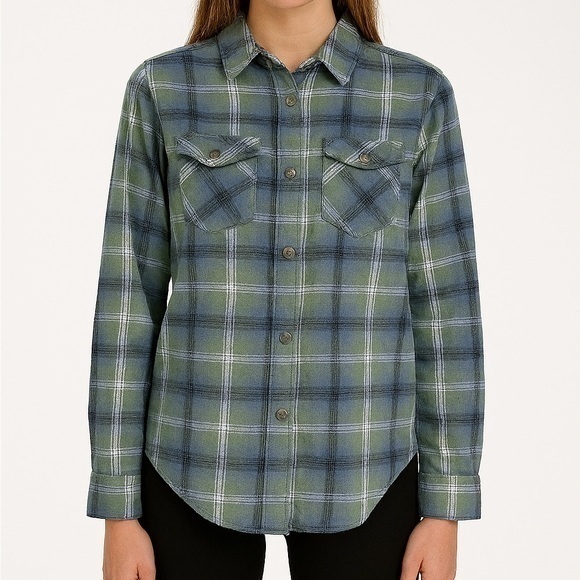 True Religion Tops - TRUE RELIGION HS Brushed Flannel Womens Button Up Long Sleeve Iris Green Blue XS